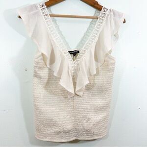 Express Off White Smocked Sleeveless Ruffled Iridescent Lace Top Cottage